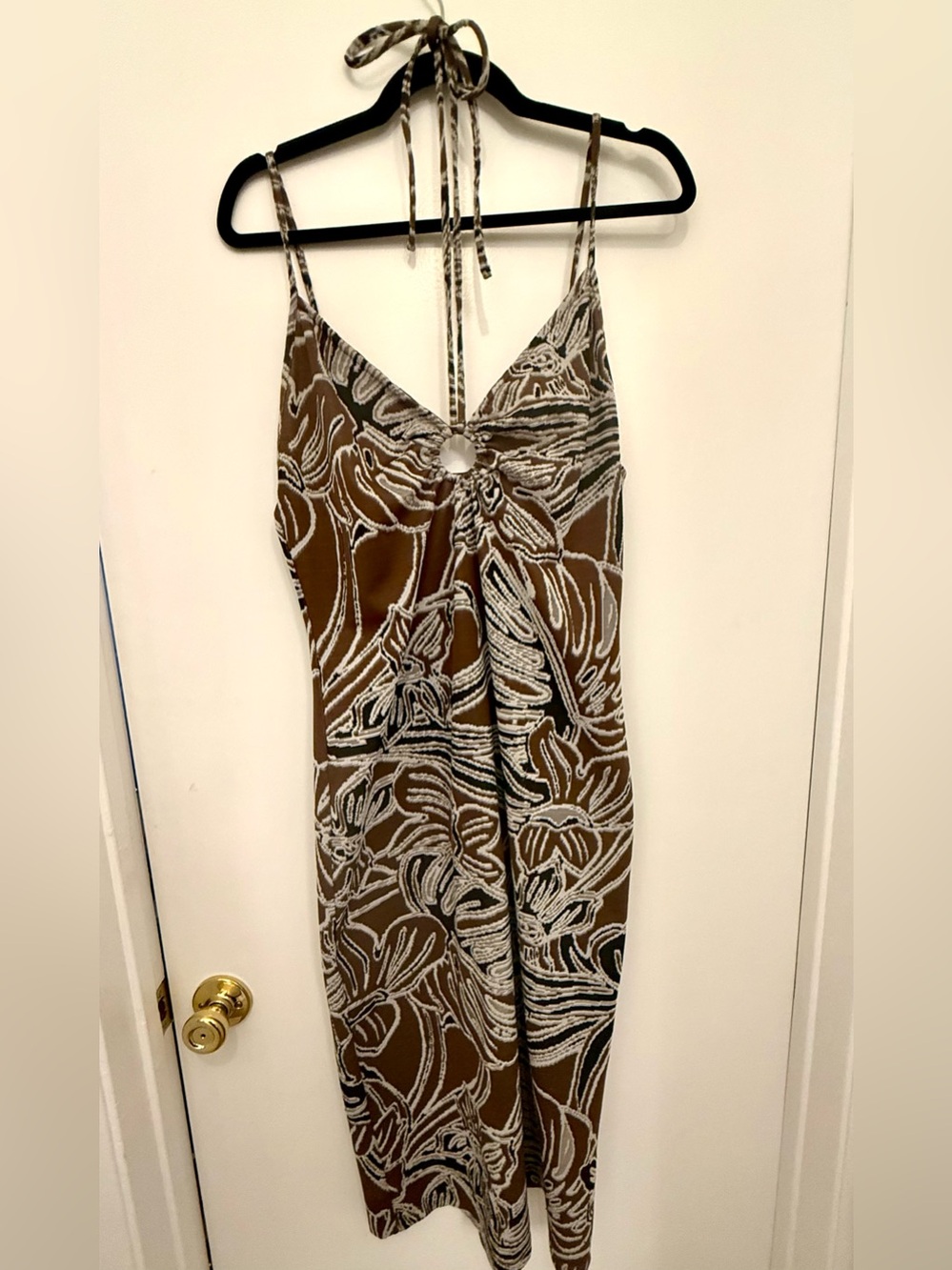 Zara Brown, White & Black Patterned Ring-Detail Slip Top Dress